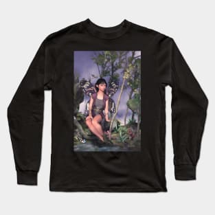 Fairy sitting by small pond in the woods Long Sleeve T-Shirt